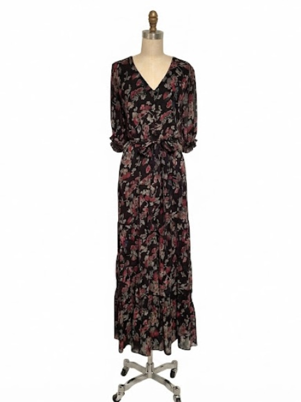 NWT Lauren Ralph Lauren Floral Print Ruffle Balloon Sleeve Dress Black Size 14